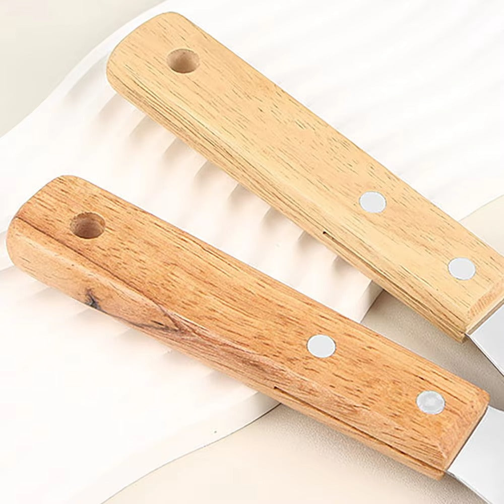 1PC Stainless Steel Fish Frying Shovel with Wooden Handle Fan-shaped Shovel Household High-temperature Frying Shovel