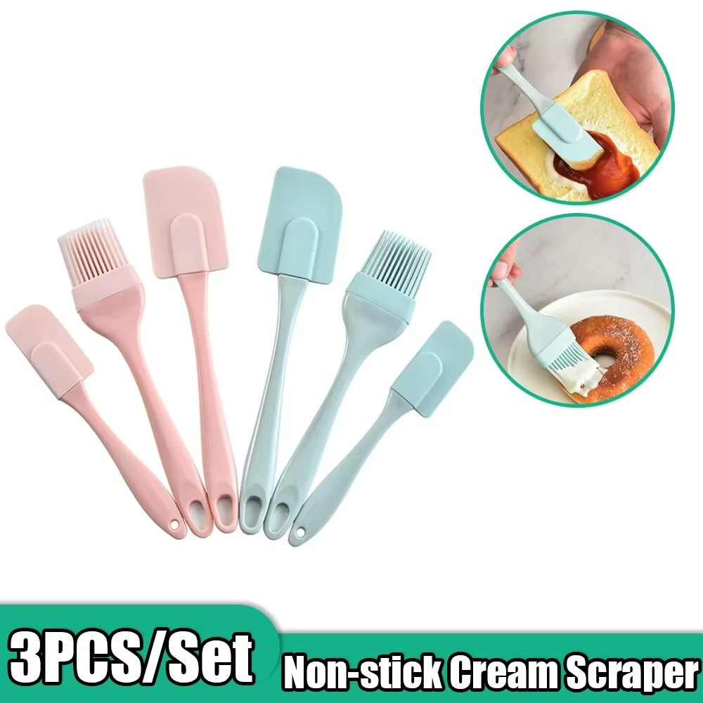3Pcs Non-Stick Silicone Cream Scraper Bread Cake Butter Spatula Mixer Oil Brush With PP Handle