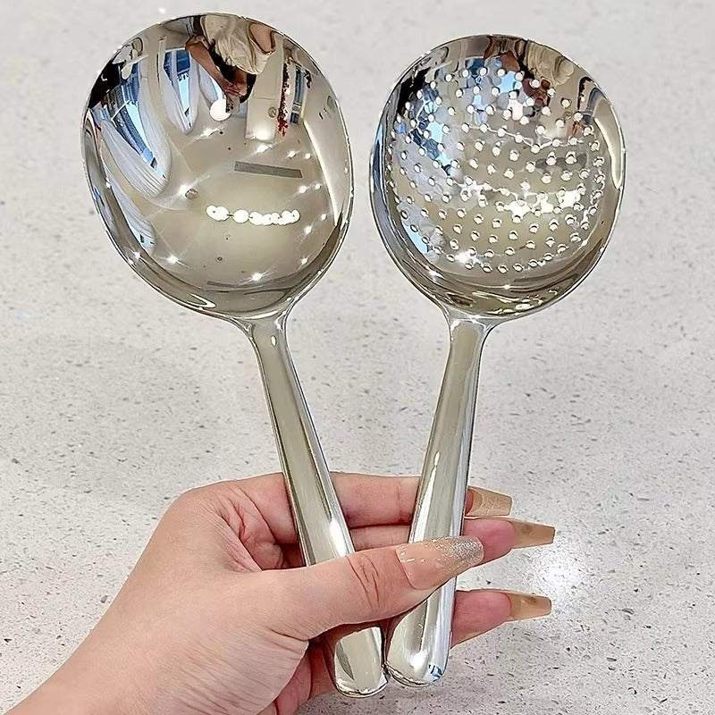 1Pc Stainless Steel Ladles For Serving Soup Rice Serving Spoon Drain Hole Heat Insulated Handle Kitchen Utensils For Daily Use