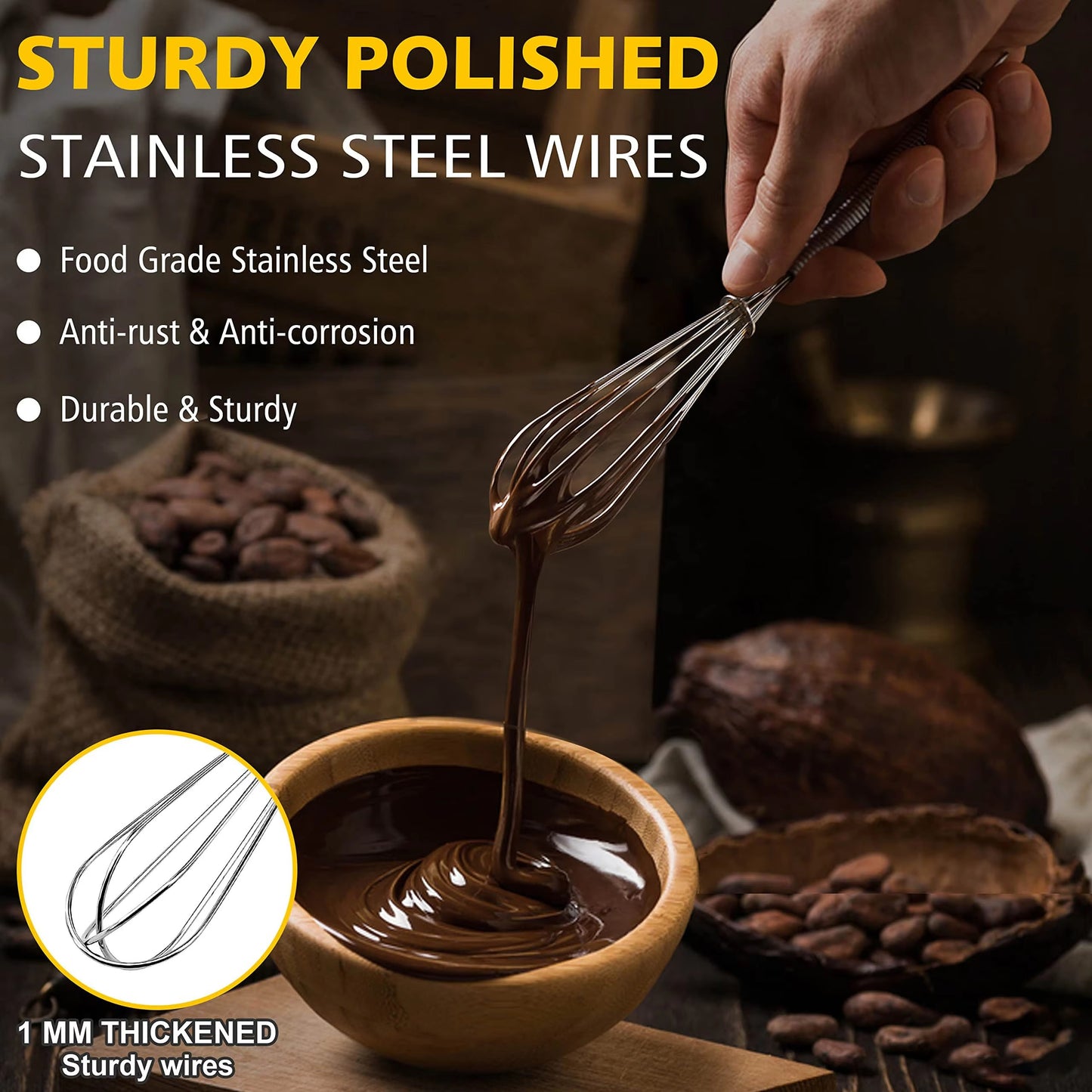 Leeseph Wire Whisks, 5in 7in 8in Stainless Steel Kitchen Mini Whisk & Egg Beater for Cooking, Blending, Beating and Stirring