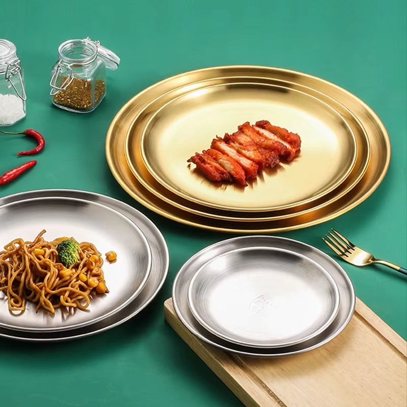 Korean Stainless Steel Thickened Barbecue Disc Golden Silver Cafe Tray Fruit Plate Cake Plate Bone Dish Shallow Plate