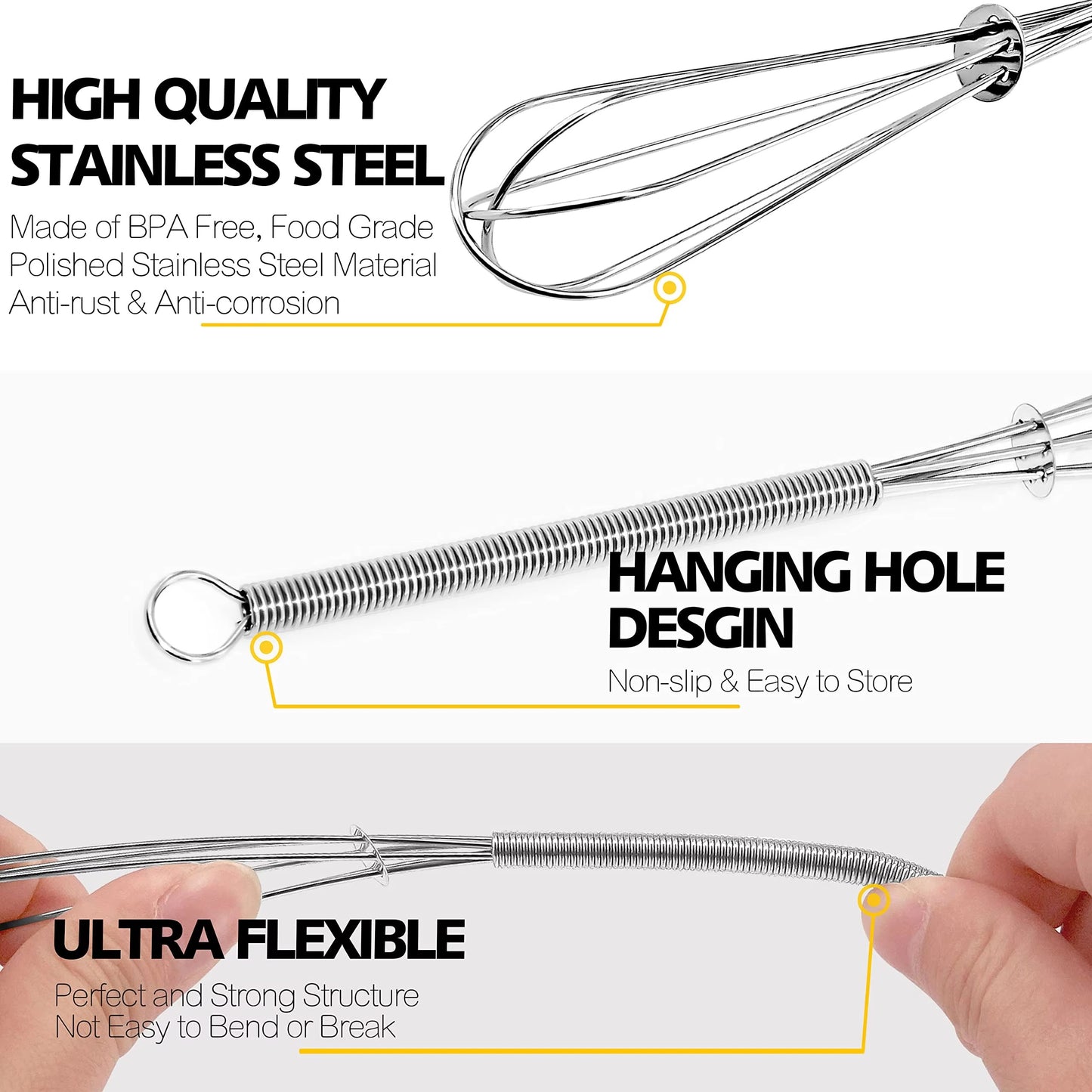 Leeseph Wire Whisks, 5in 7in 8in Stainless Steel Kitchen Mini Whisk & Egg Beater for Cooking, Blending, Beating and Stirring
