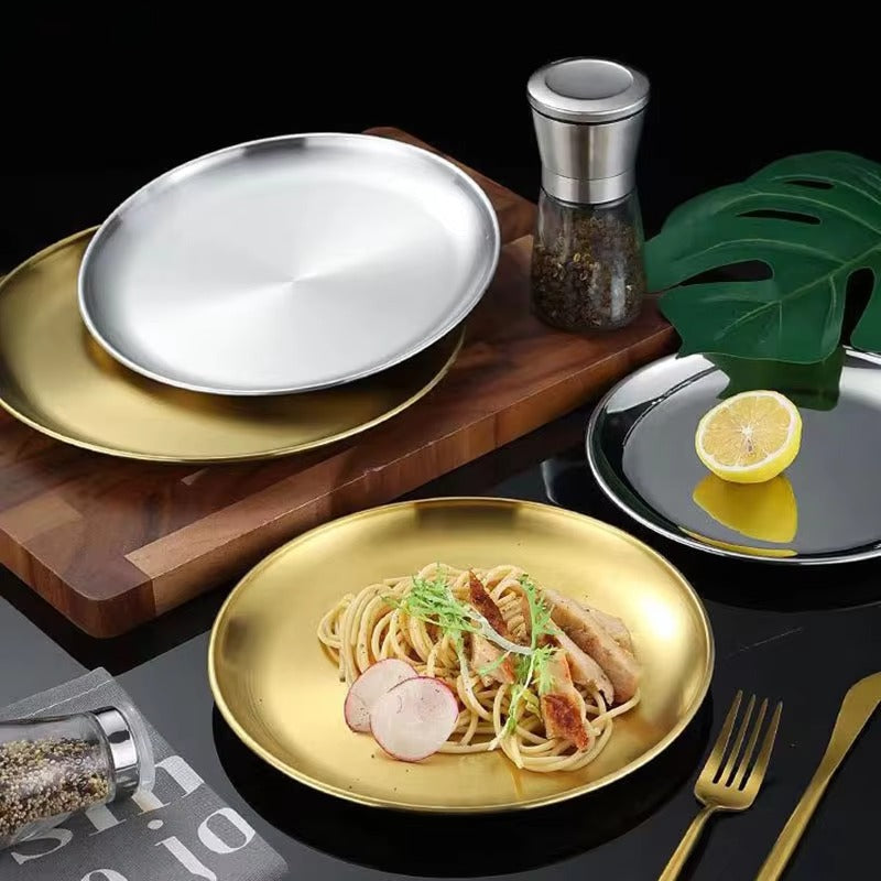 Korean Stainless Steel Thickened Barbecue Disc Golden Silver Cafe Tray Fruit Plate Cake Plate Bone Dish Shallow Plate