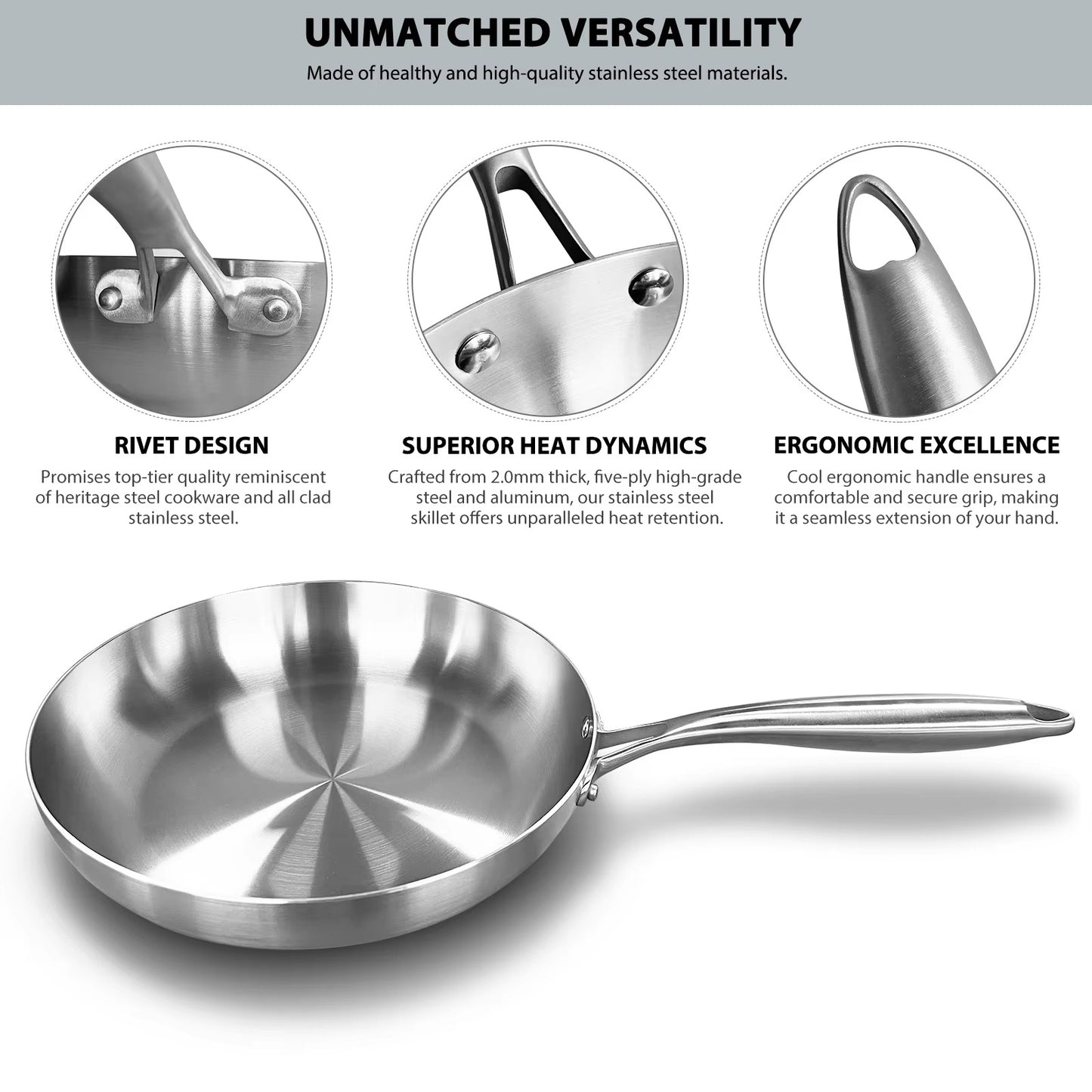 304 Stainless Steel Frying Pan, NonStick Pan Fried Steak Pot Uncoated Cookware