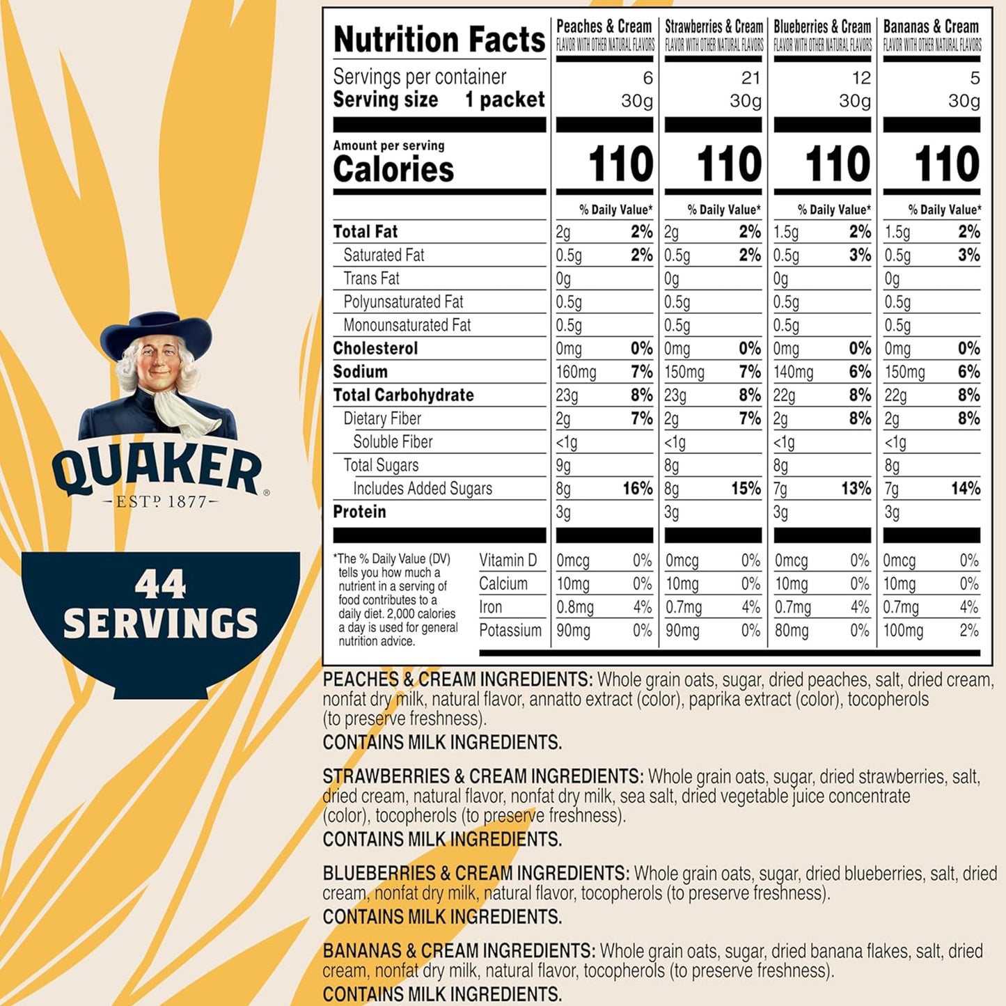 Instant Oatmeal, Fruit & Cream, 4 Flavor Variety Pack, 44 Packets