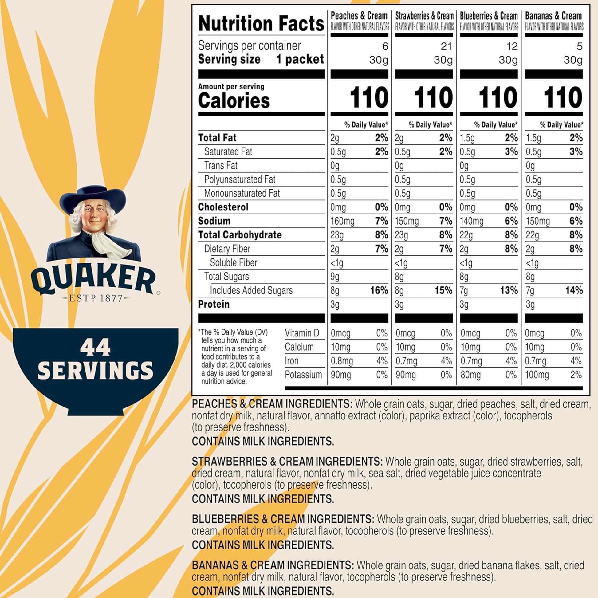 Instant Oatmeal, Fruit & Cream, 4 Flavor Variety Pack, 44 Packets