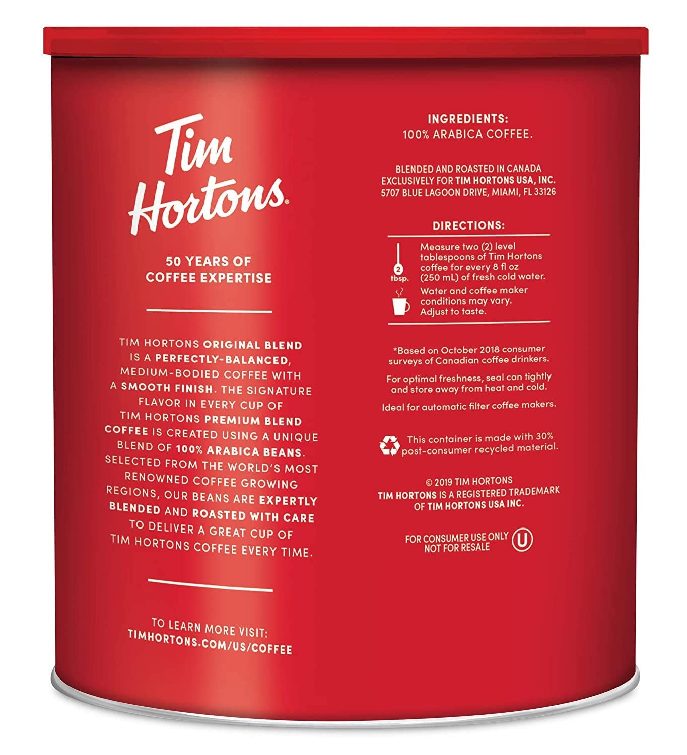 Original Blend, Medium Roast Ground Coffee, Canada’S Favorite Coffee, Made with 100% Arabica Beans, 32.8 Ounce Canister