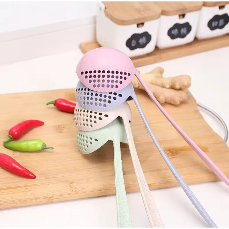 2 in 1 Soup Spoon Wheat Straw Long Handle Soup Spoon Straining Ladle Soup Pan Spoon with Filter Strainer Kitchen Utensils
