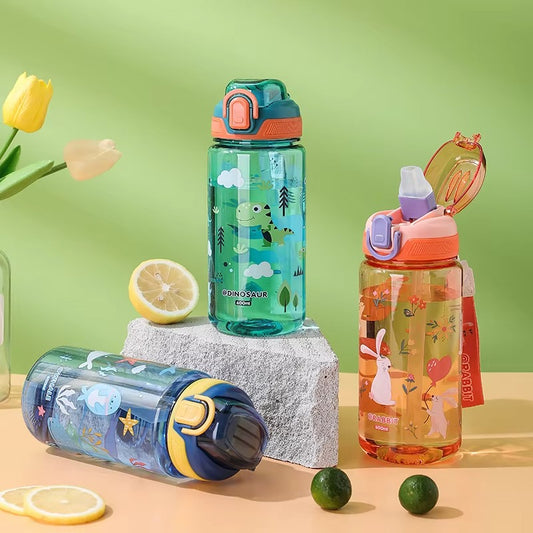 600ml Cute Water Bottle with Silicone Straw Leakproof Dinosaur Rabbit Design