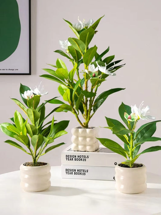 21-40cm Artificial Azaleas Plants Fake Rubber Tree Tropical Palm Leaves Faux Ficus with Flowers Plastic Green Plants for Home