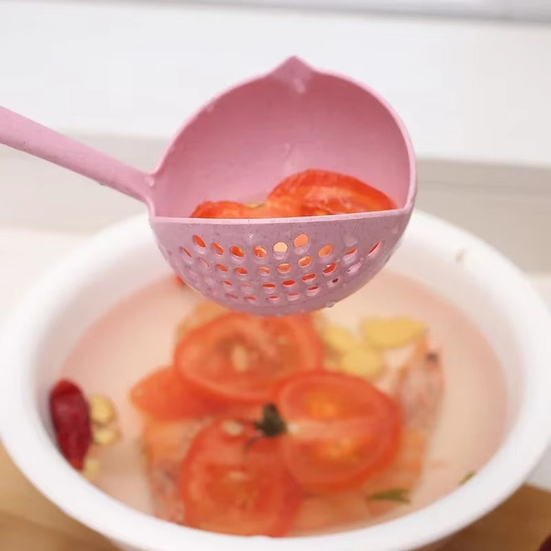 2 in 1 Soup Spoon Wheat Straw Long Handle Soup Spoon Straining Ladle Soup Pan Spoon with Filter Strainer Kitchen Utensils