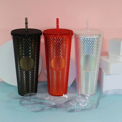 Diamond Pattern Double Layer Plastic Straw Cup with Gradient Color for Outdoor Travel Sports Drinkware Camping Gifts New
