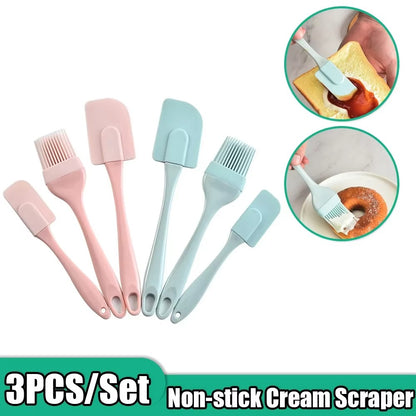 3Pcs Non-Stick Silicone Cream Scraper Bread Cake Butter Spatula Mixer Oil Brush With PP Handle