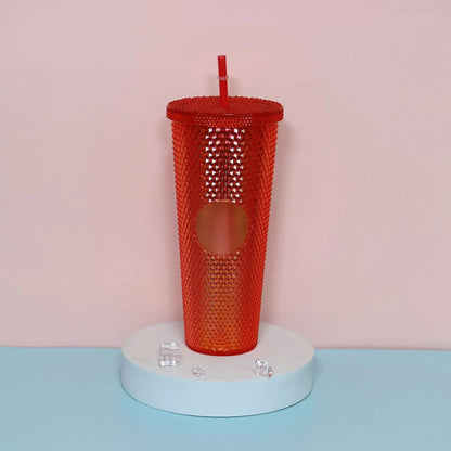 Diamond Pattern Double Layer Plastic Straw Cup with Gradient Color for Outdoor Travel Sports Drinkware Camping Gifts New
