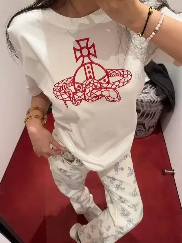 Retro Ort Sve T-irt Women Fit Round Ne Slimming Chic Design Summer New Sle Korean Version Printed Top Women Clothing Vintage Y2K