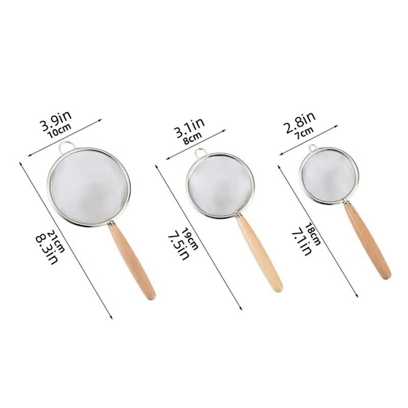 Stainless Steel Mesh Strainer with Wooden Handle, Fine Filtering for Juices, Residues and Flour, Ideal for Home Baking