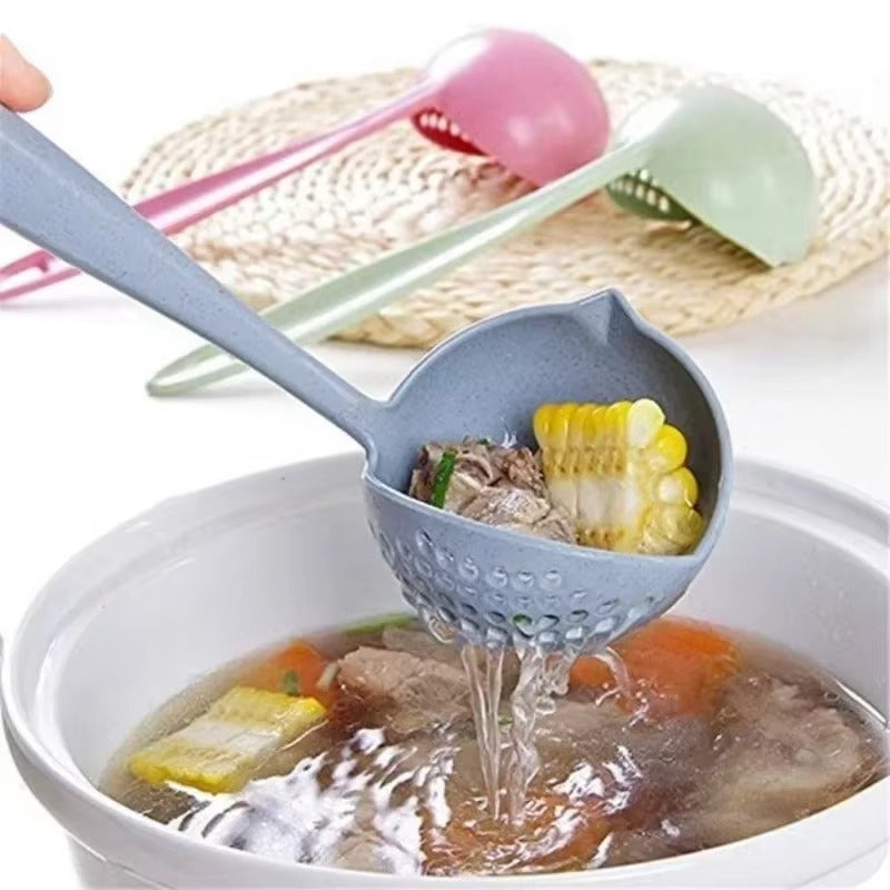 2 in 1 Soup Spoon Wheat Straw Long Handle Soup Spoon Straining Ladle Soup Pan Spoon with Filter Strainer Kitchen Utensils