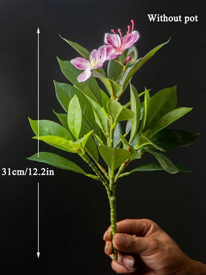21-40cm Artificial Azaleas Plants Fake Rubber Tree Tropical Palm Leaves Faux Ficus with Flowers Plastic Green Plants for Home