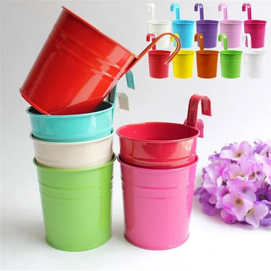 10 Colors Metal Iron Flower Wall Hanging Flower Plants Pot Hook Bucket Tin Garden Planter Pots Balcony Hanging Succulent Basket