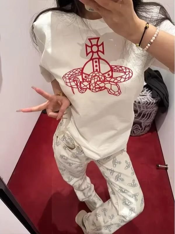 Retro Ort Sve T-irt Women Fit Round Ne Slimming Chic Design Summer New Sle Korean Version Printed Top Women Clothing Vintage Y2K
