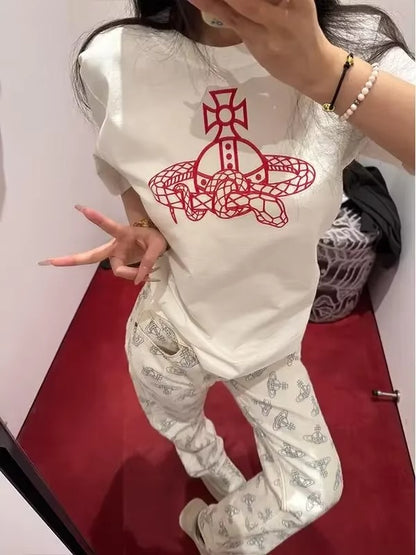 Retro Ort Sve T-irt Women Fit Round Ne Slimming Chic Design Summer New Sle Korean Version Printed Top Women Clothing Vintage Y2K