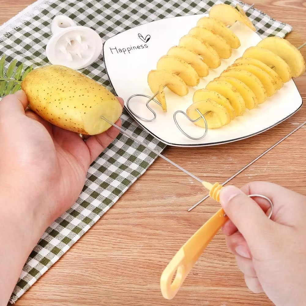 Spiralizer Chips Maker with 4 Stainless Steel Sticks Tornado Spiral Screw Chips Potato Cutter Manual Twisted Potato Slicer